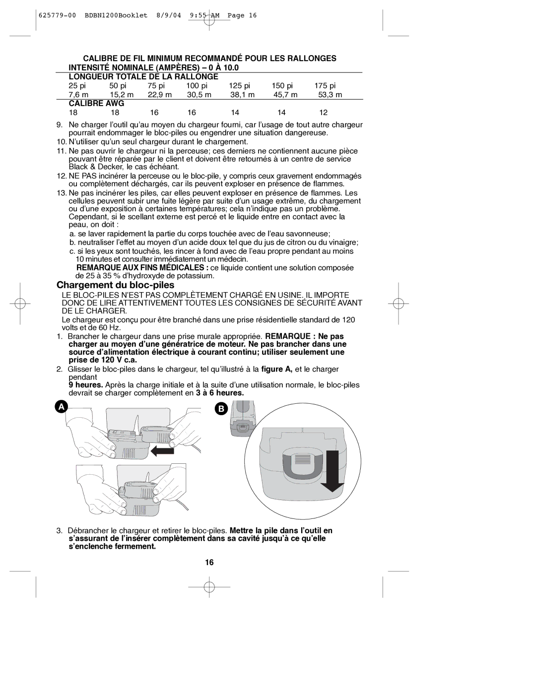 Black & Decker 625779-00, BDBN1200 instruction manual Chargement du bloc-piles, Calibre AWG 