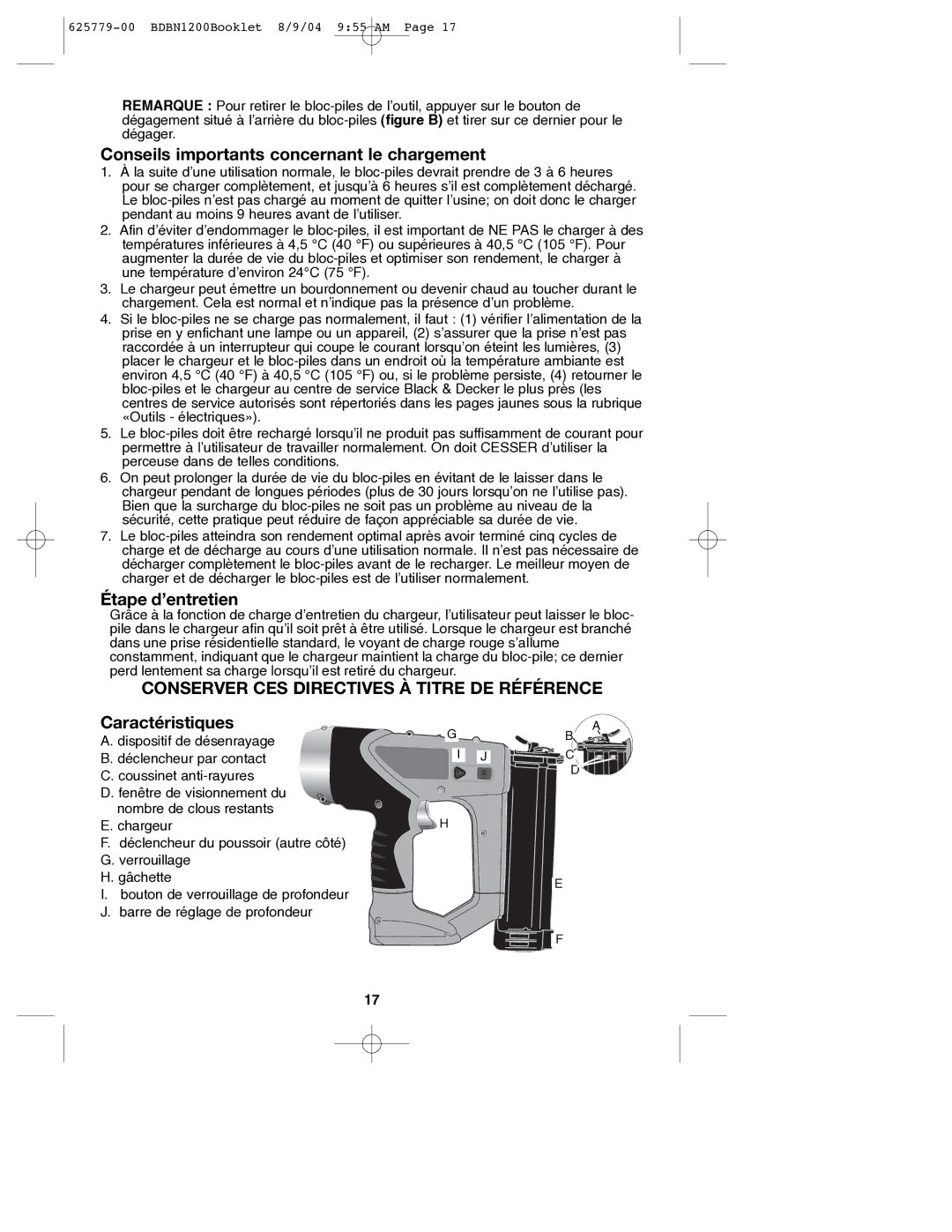 Black & Decker BDBN1200, 625779-00 Conseils importants concernant le chargement, Étape d’entretien, Caractéristiques 