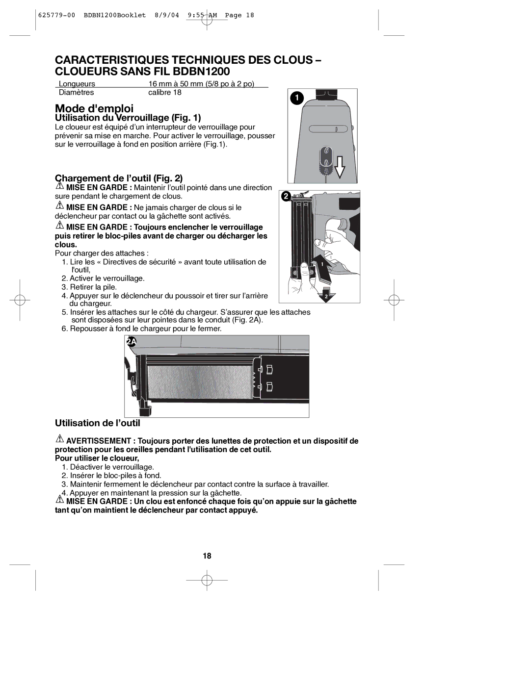 Black & Decker 625779-00 Mode demploi, Utilisation du Verrouillage Fig, Chargement de l’outil Fig, Utilisation de l’outil 