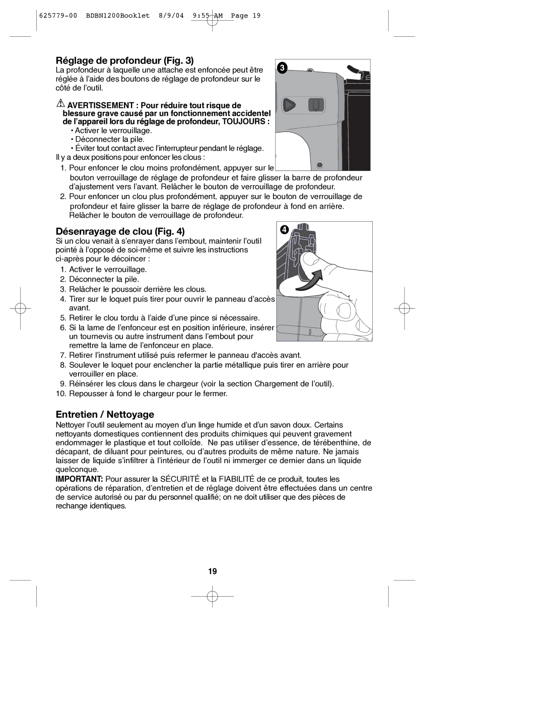 Black & Decker BDBN1200, 625779-00 Réglage de profondeur Fig, Désenrayage de clou Fig, Entretien / Nettoyage 