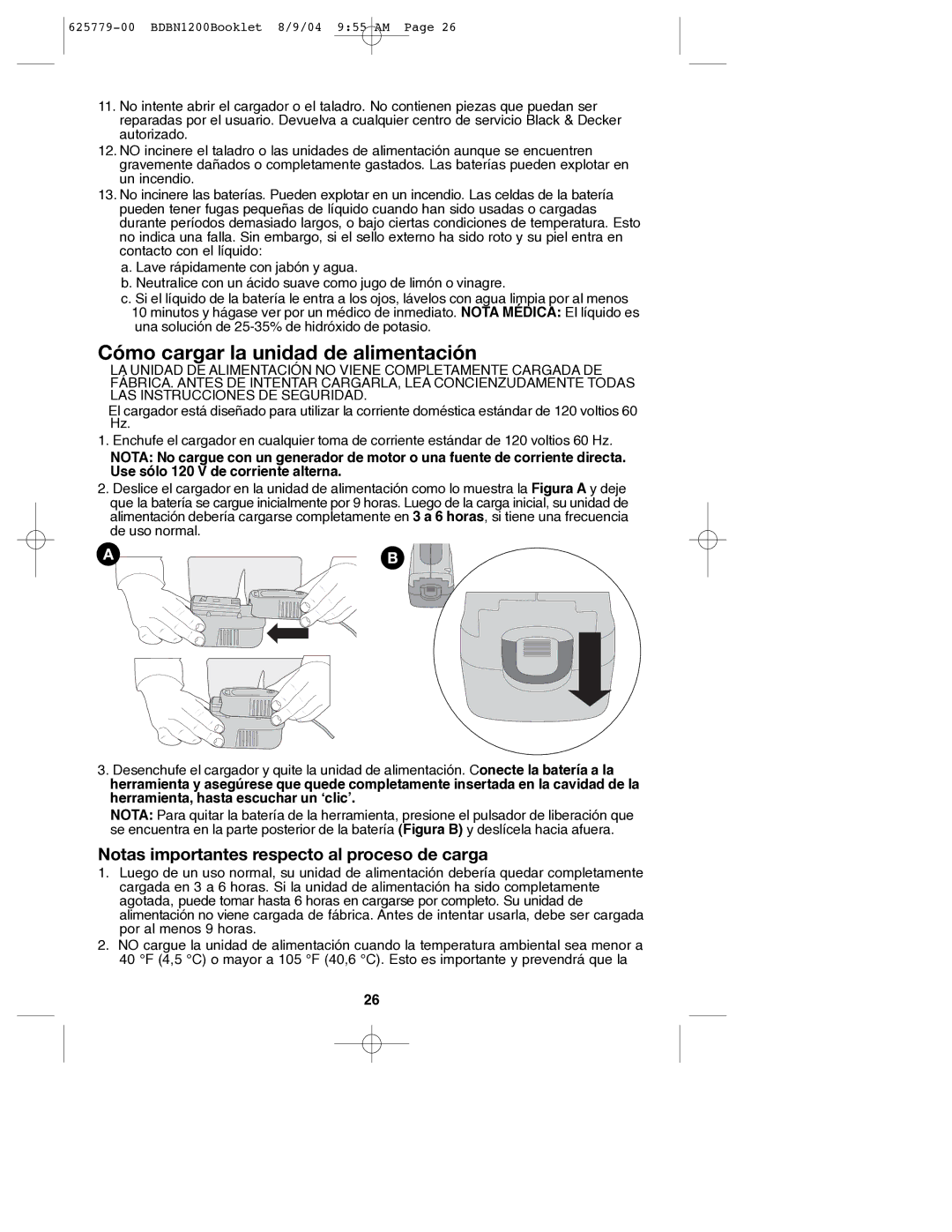 Black & Decker 625779-00, BDBN1200 Cómo cargar la unidad de alimentación, Notas importantes respecto al proceso de carga 