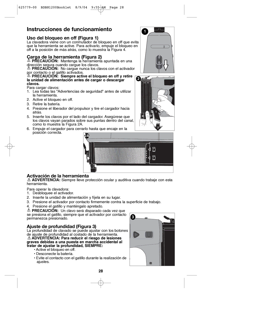 Black & Decker 625779-00 Instrucciones de funcionamiento, Uso del bloqueo en off Figura, Carga de la herramienta Figura 