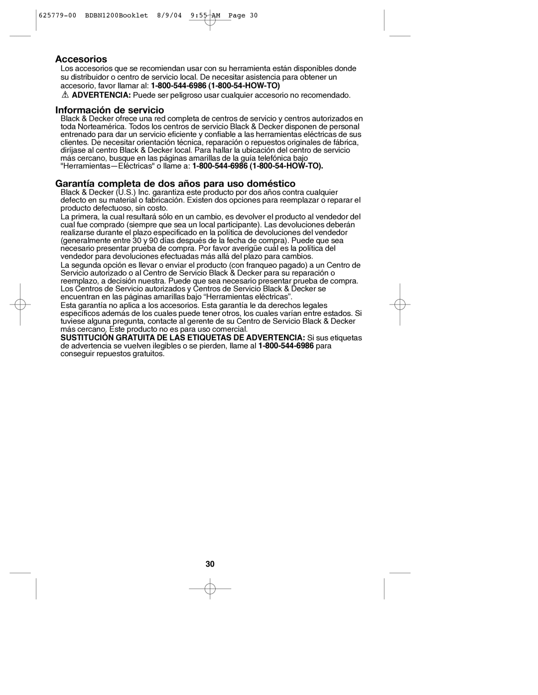 Black & Decker 625779-00, BDBN1200 Accesorios, Información de servicio, Garantía completa de dos años para uso doméstico 