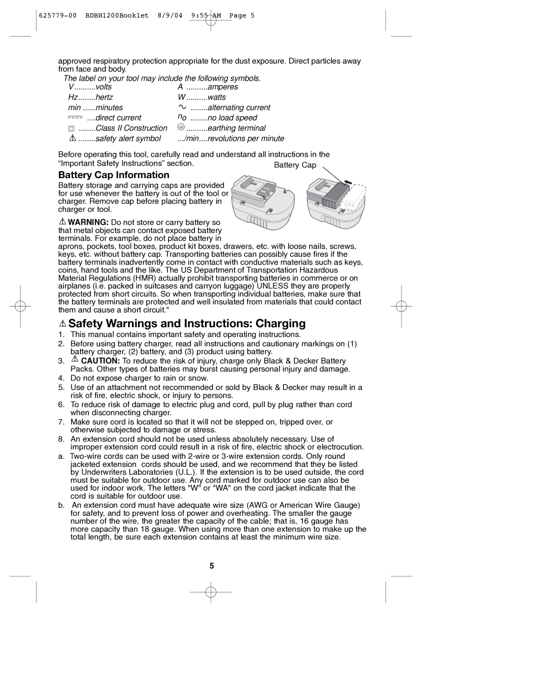 Black & Decker BDBN1200, 625779-00 instruction manual Safety Warnings and Instructions Charging, Battery Cap Information 