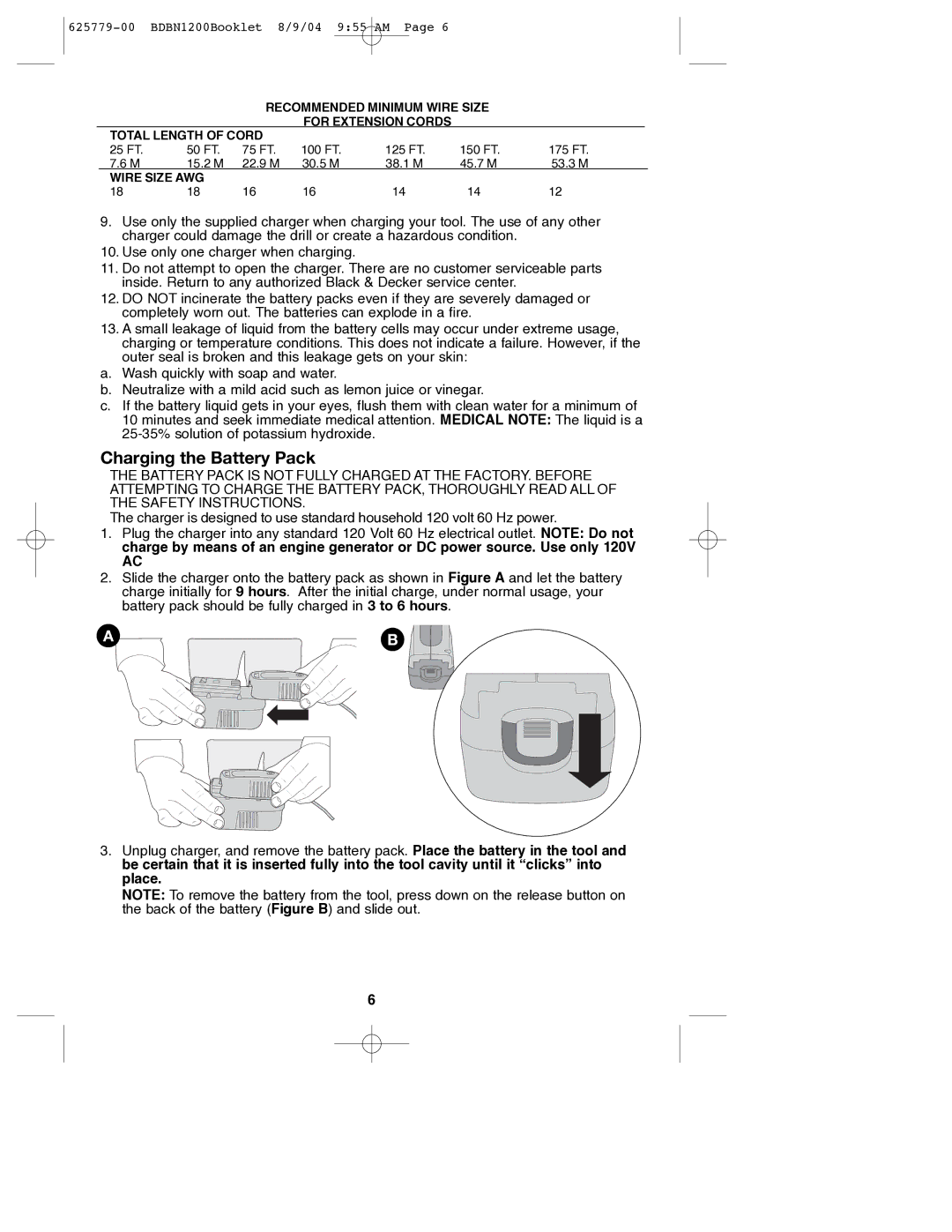 Black & Decker 625779-00, BDBN1200 instruction manual Charging the Battery Pack 