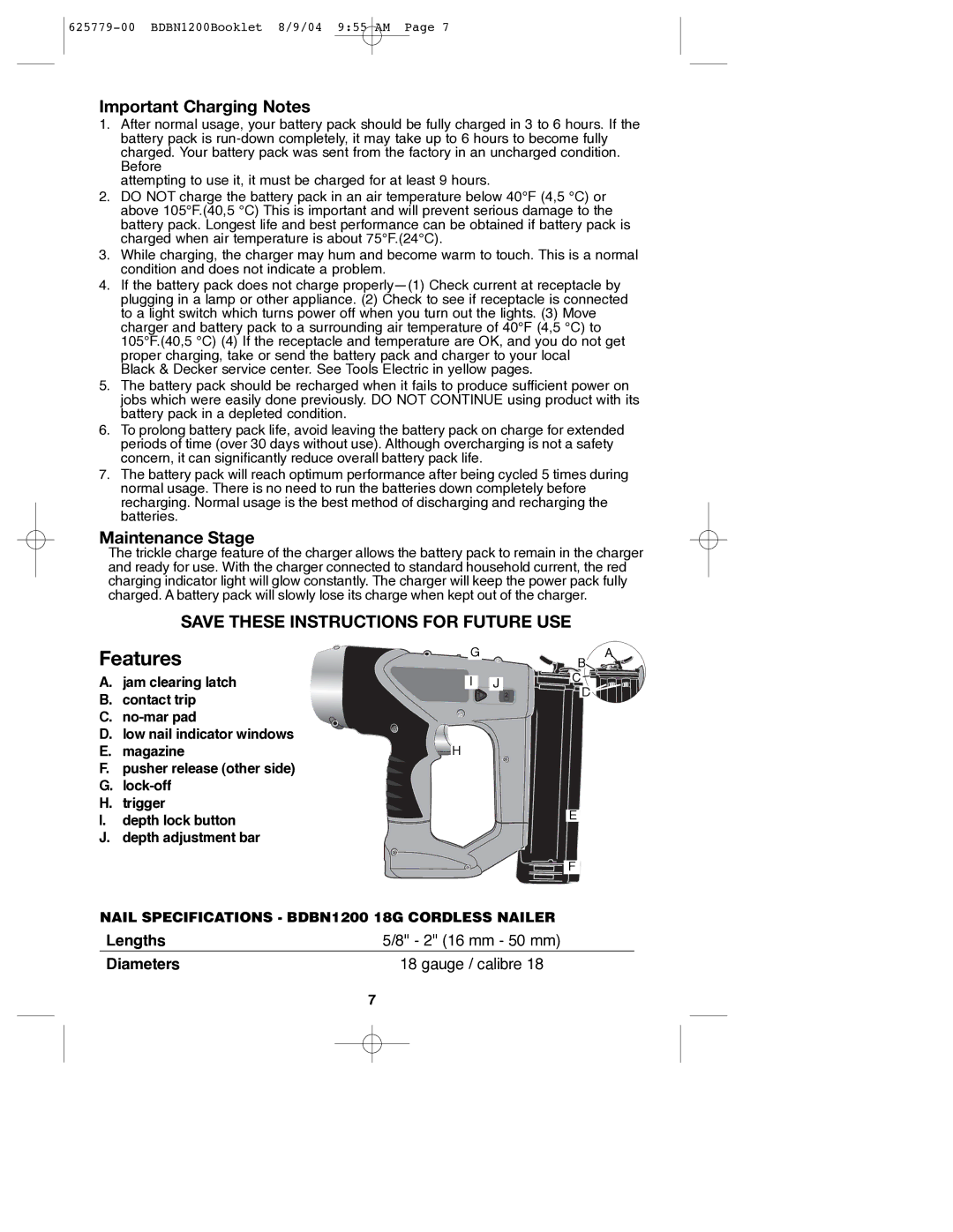 Black & Decker BDBN1200, 625779-00 instruction manual Features, Important Charging Notes, Maintenance Stage 