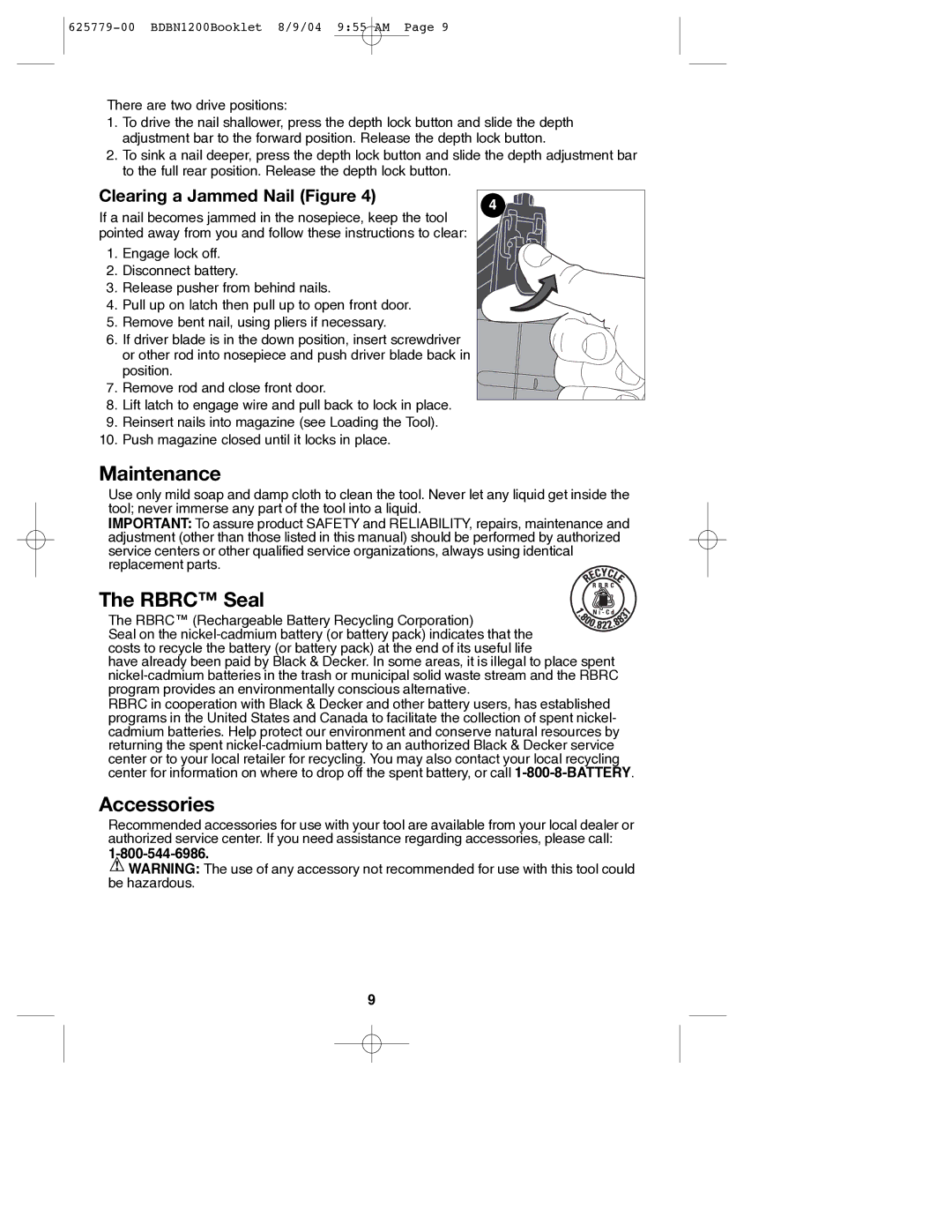 Black & Decker BDBN1200, 625779-00 instruction manual Maintenance, Rbrc Seal, Accessories, Clearing a Jammed Nail Figure 