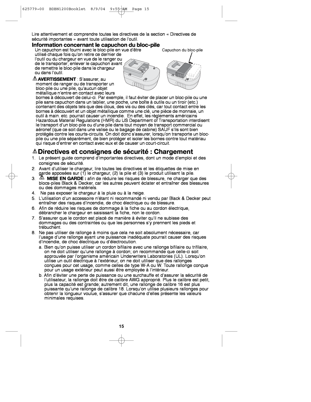 Black & Decker BDBN1200 Directives et consignes de sécurité Chargement, Information concernant le capuchon du bloc-pile 