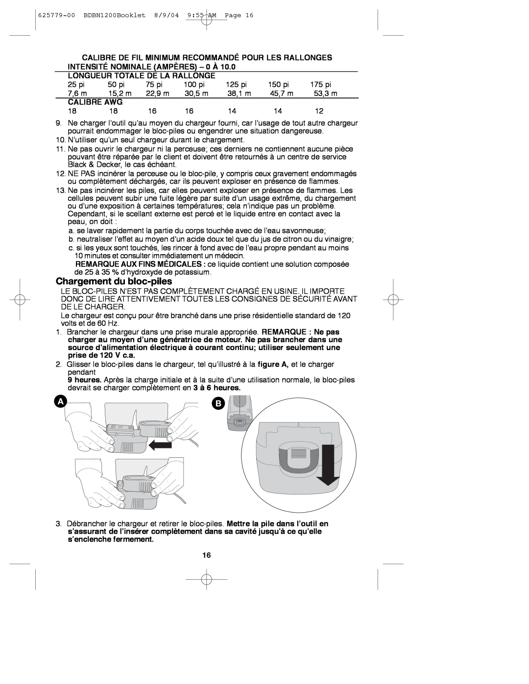 Black & Decker 625779-00, BDBN1200 instruction manual Chargement du bloc-piles, Longueur Totale De La Rallonge, Calibre Awg 