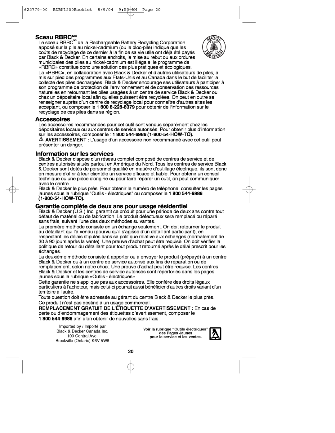 Black & Decker 625779-00, BDBN1200 instruction manual Sceau RBRCMC, Accessoires, Information sur les services 