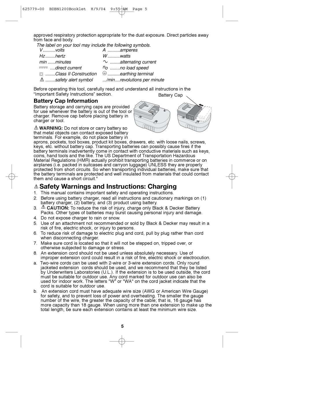Black & Decker BDBN1200, 625779-00 instruction manual Safety Warnings and Instructions Charging, Battery Cap Information 