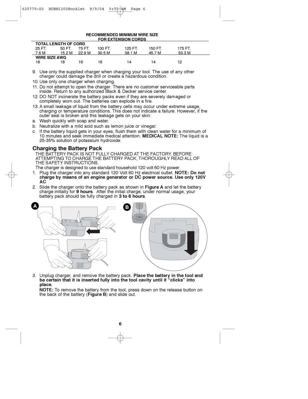 Black & Decker 625779-00, BDBN1200 instruction manual Charging the Battery Pack 