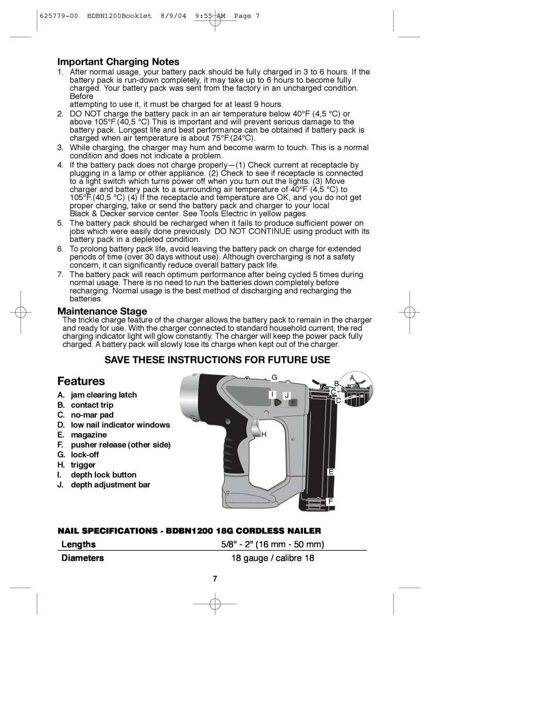 Black & Decker BDBN1200 Features, Important Charging Notes, Maintenance Stage, Save These Instructions For Future Use 