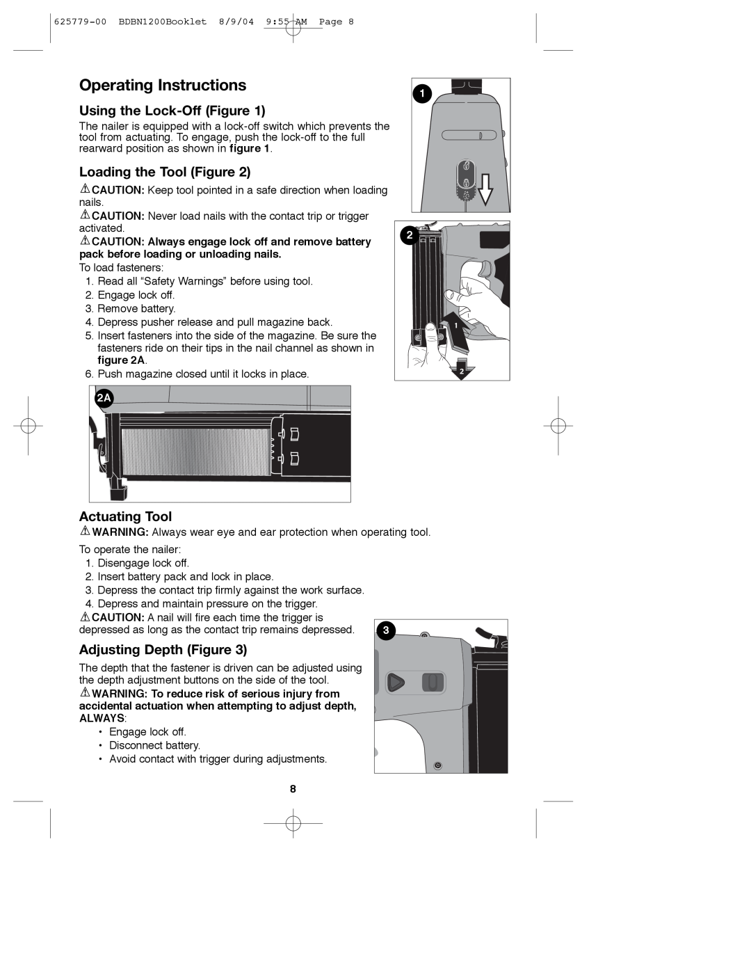 Black & Decker 625779-00 Operating Instructions, Using the Lock-Off Figure, Loading the Tool Figure, Actuating Tool 