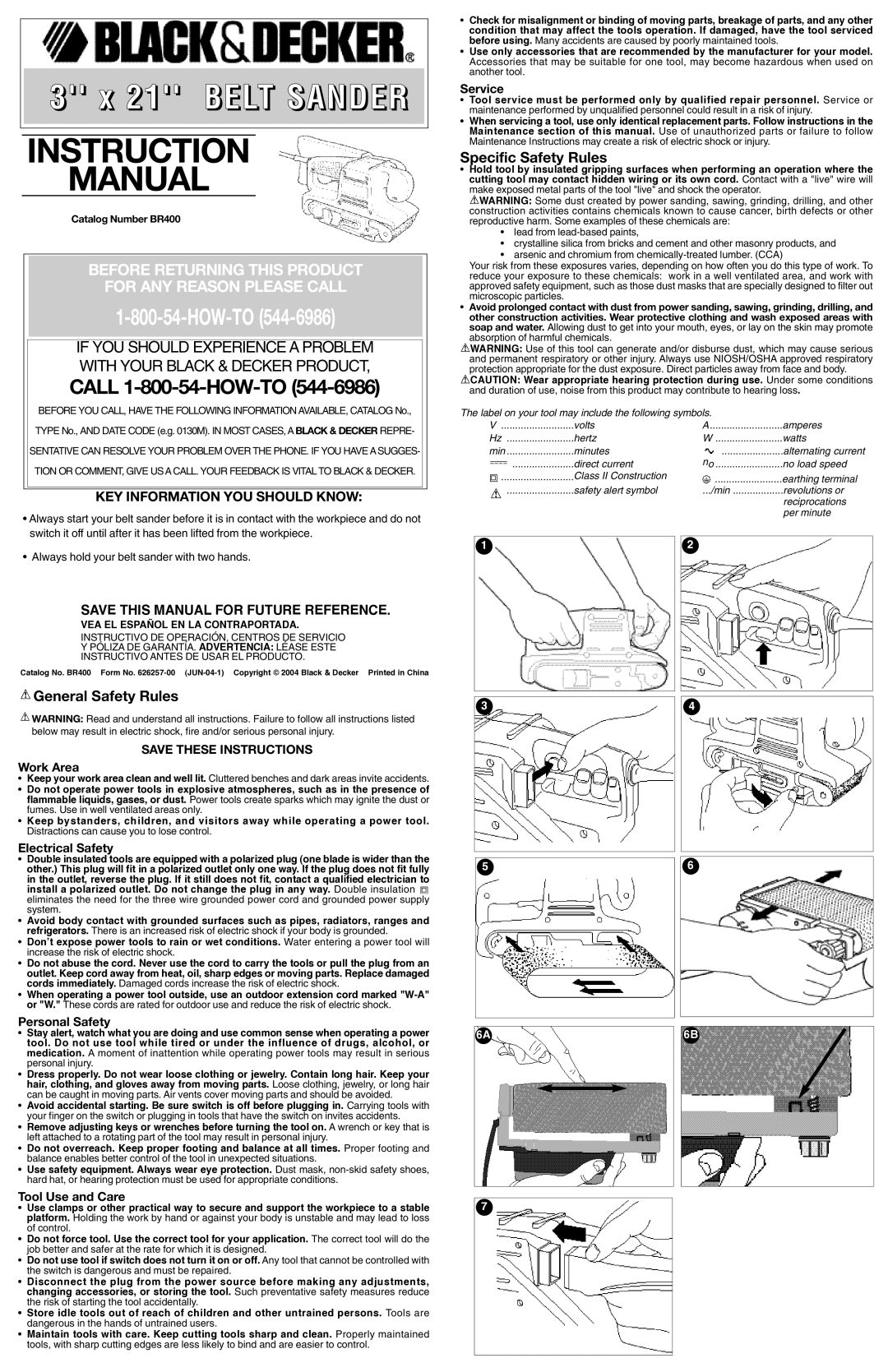 Black & Decker 626257-00 instruction manual Work Area, Electrical Safety, Personal Safety, Tool Use and Care, Service 