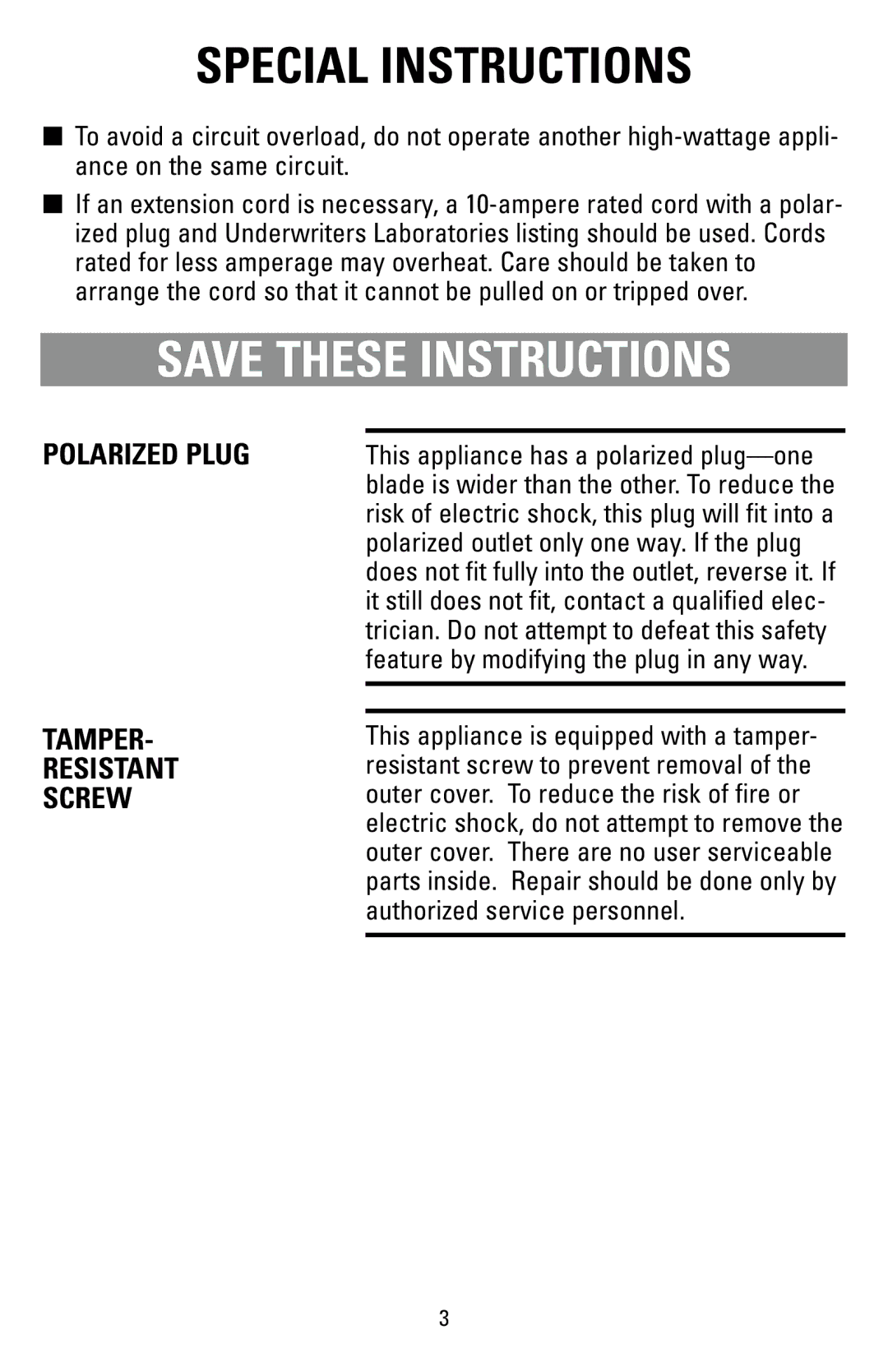 Black & Decker 62784 manual Special Instructions, Polarized Plug Tamper Resistant Screw 