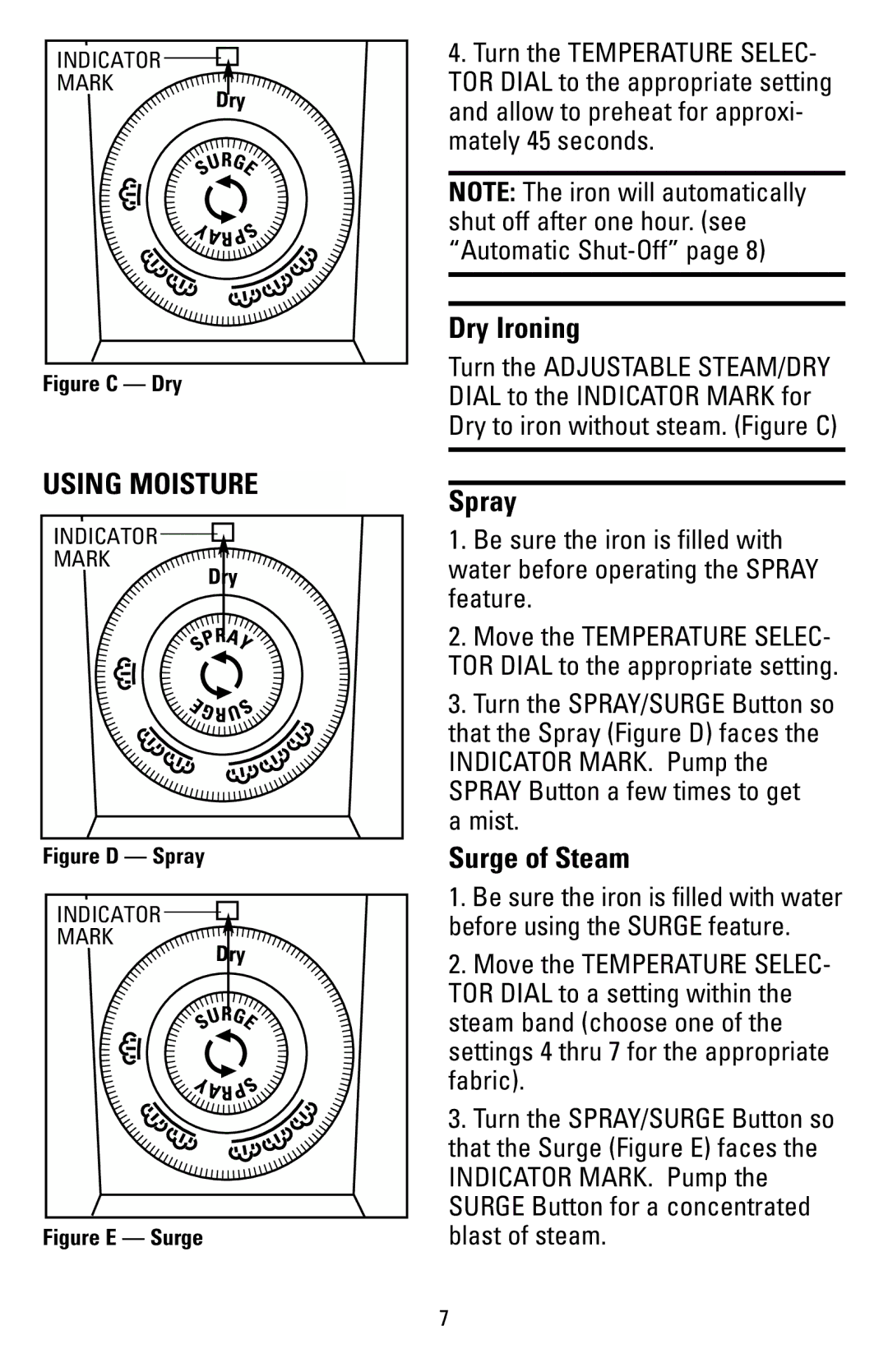 Black & Decker 62784 manual Dry Ironing, Spray, Surge of Steam, Mist 