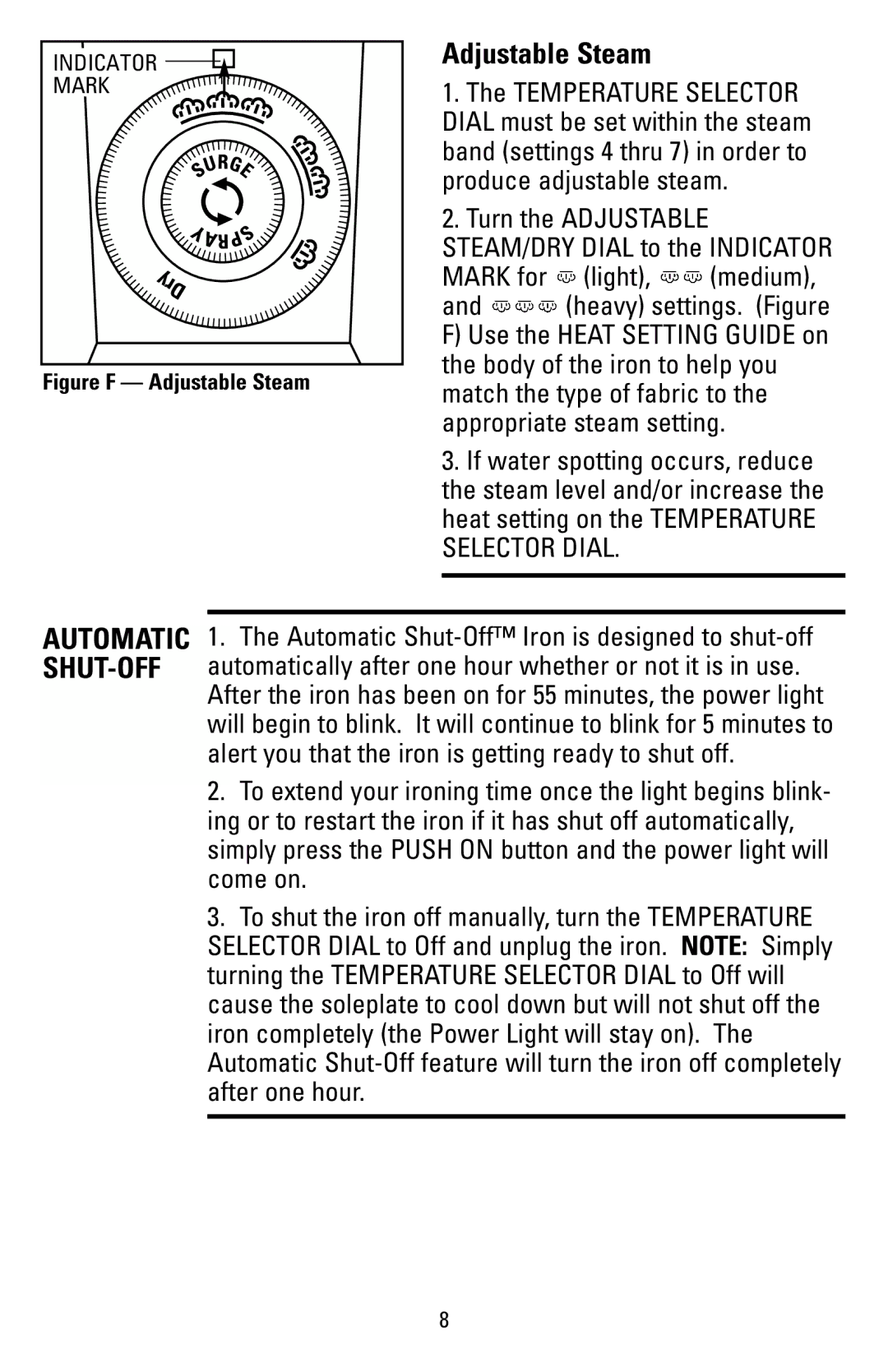 Black & Decker 62784 manual Adjustable Steam, Mark for light, medium 