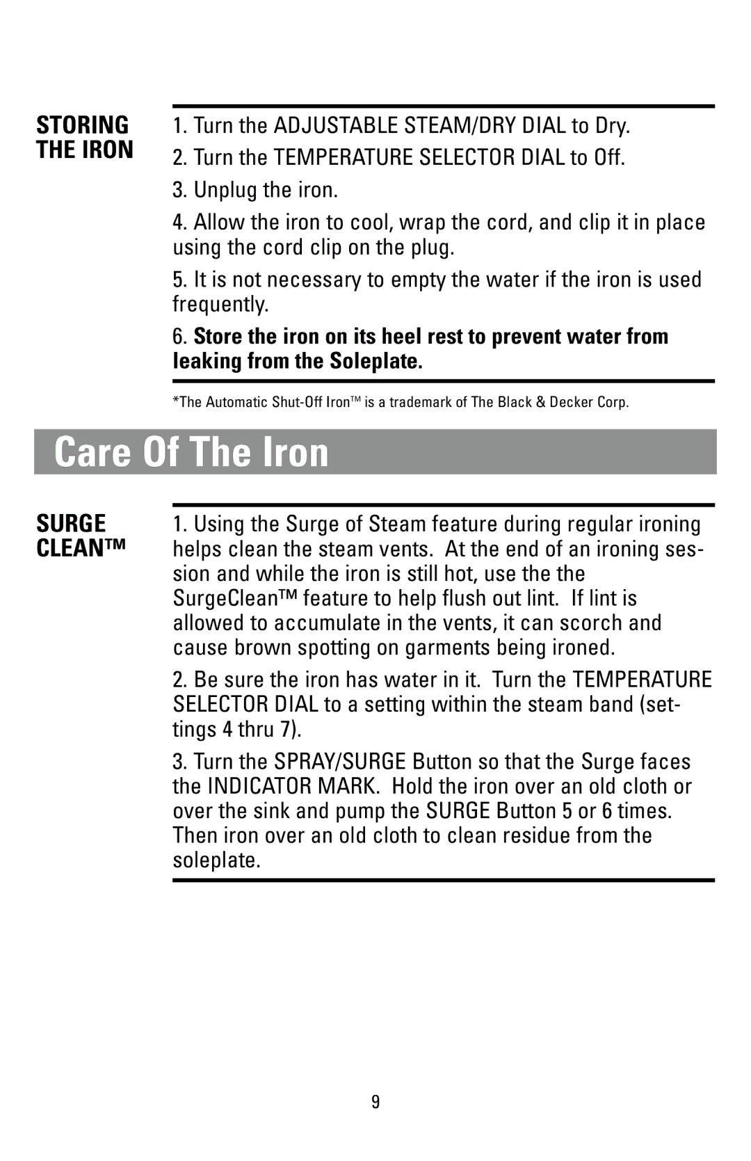 Black & Decker 62784 manual Care Of The Iron 