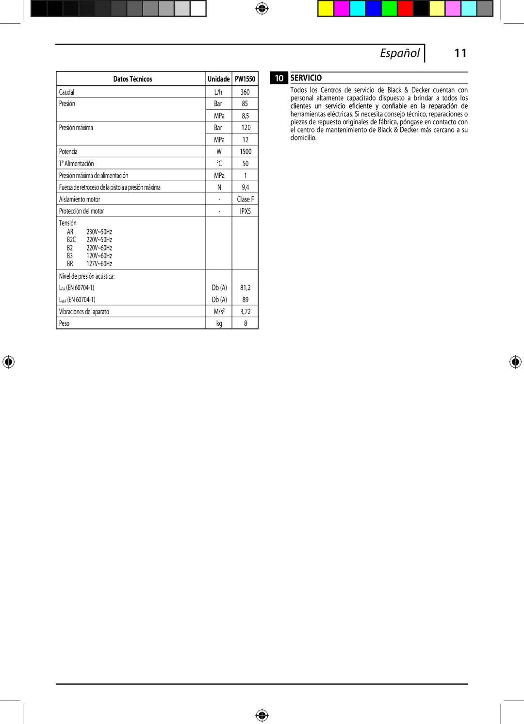 Black & Decker PW1550, 662275-02 instruction manual Servicio, Datos Técnicos, Caudal, Presión 