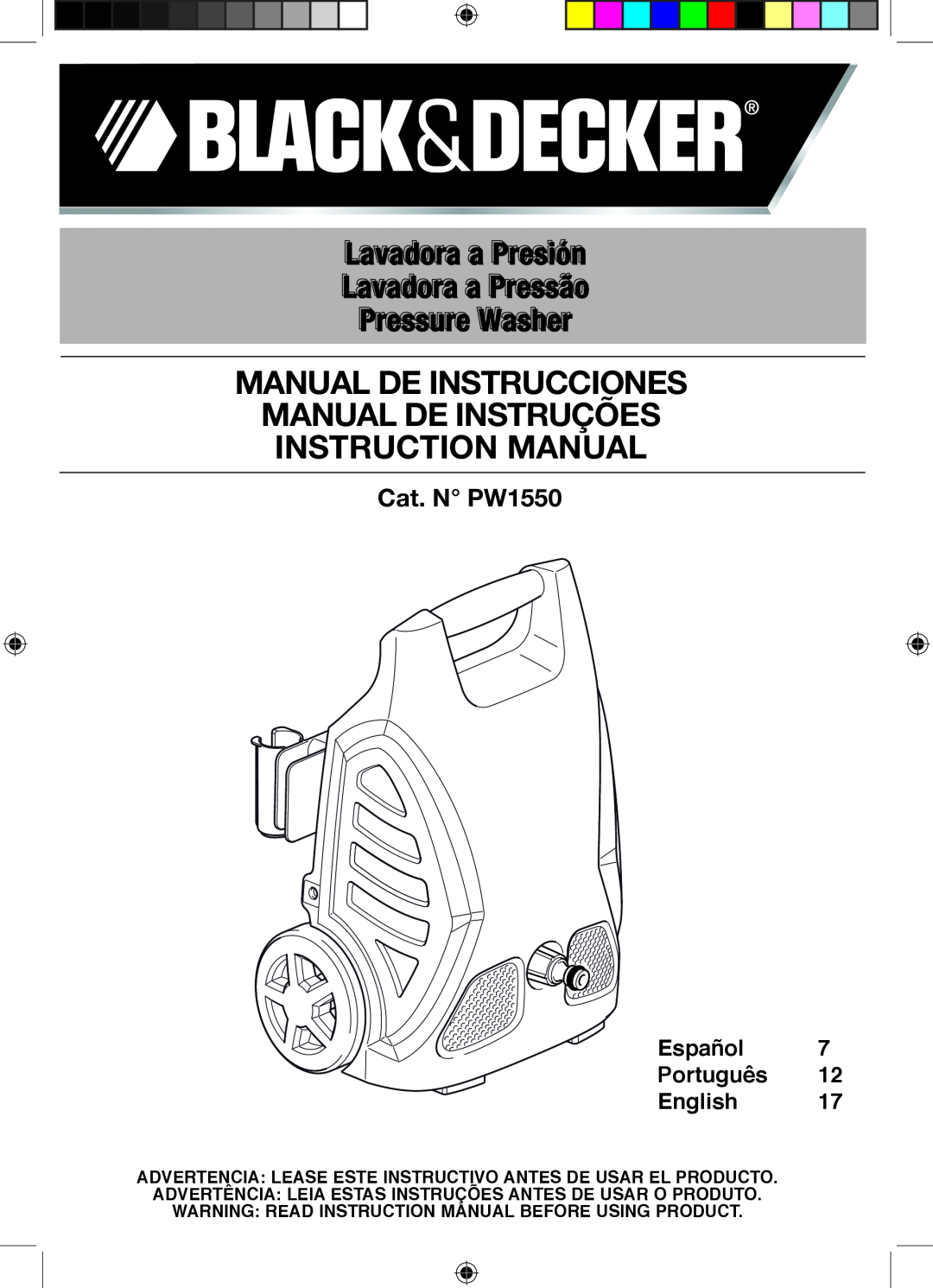 Black & Decker instruction manual Cat. N PW1550, Manual De Instrucciones Manual De Instruções Instruction Manual 