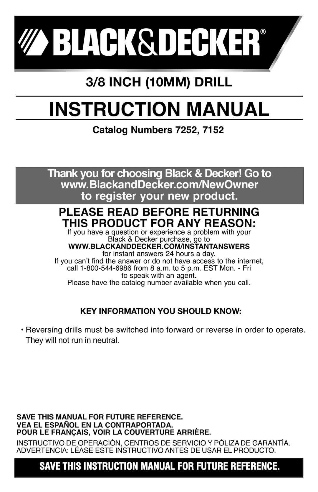Black & Decker 7252 instruction manual Please Read Before Returning This Product for ANY Reason 