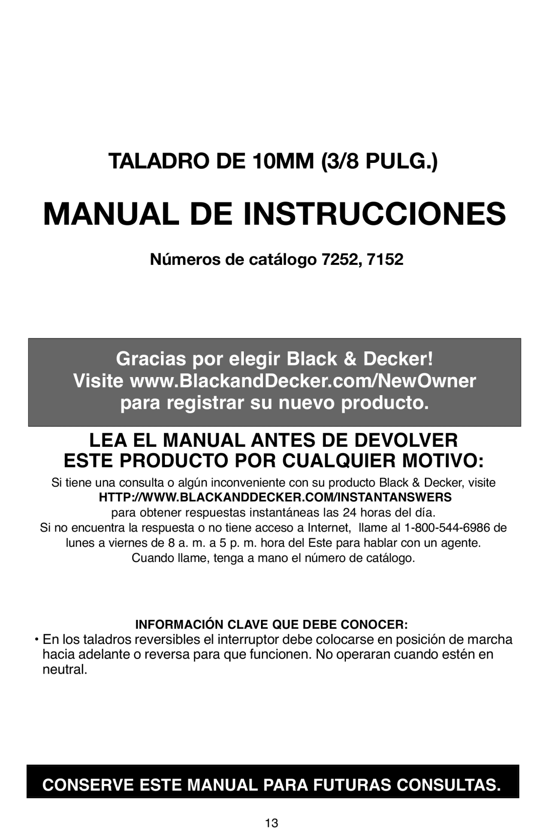 Black & Decker 7252 instruction manual Manual DE Instrucciones, Información Clave QUE Debe Conocer 