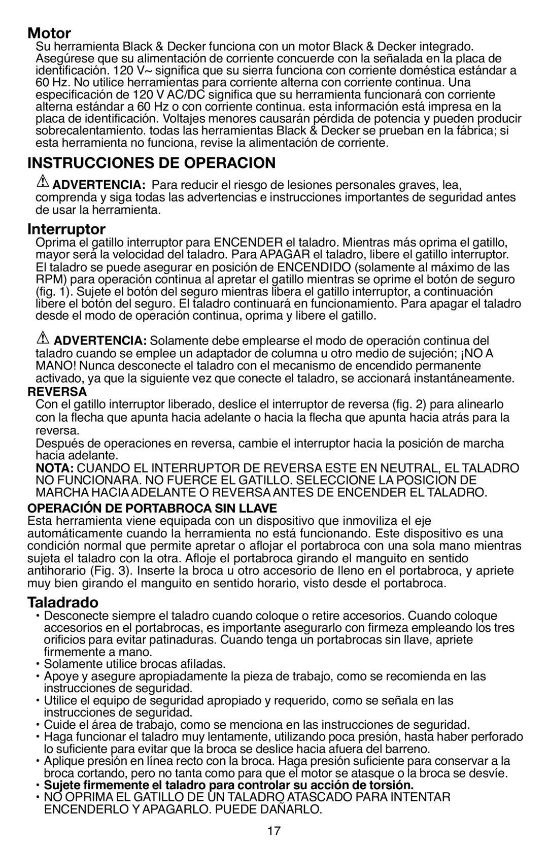 Black & Decker 7252 instruction manual Instrucciones DE Operacion, Reversa 