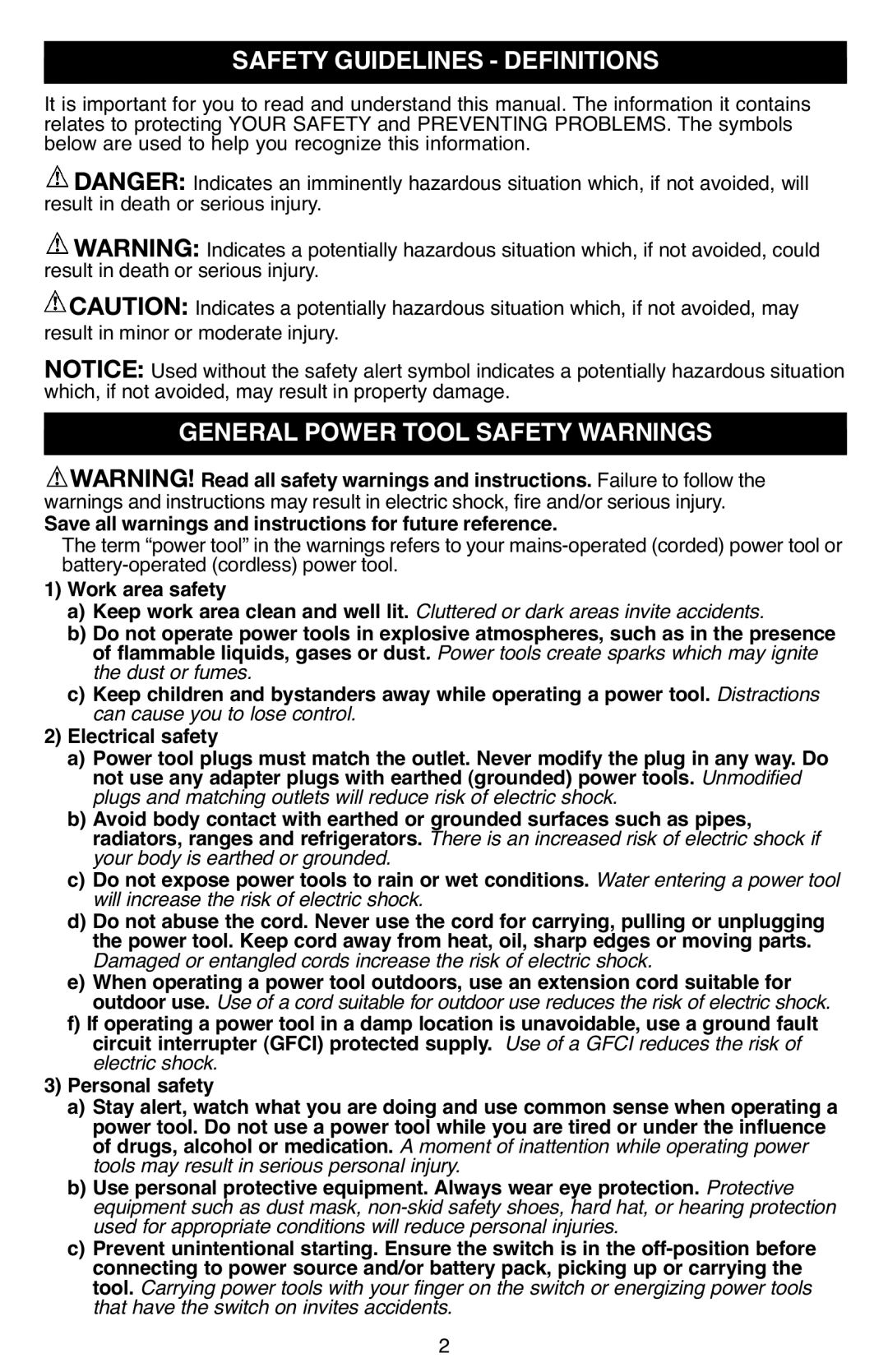 Black & Decker 7252 instruction manual Safety Guidelines Definitions, General Power Tool Safety Warnings 