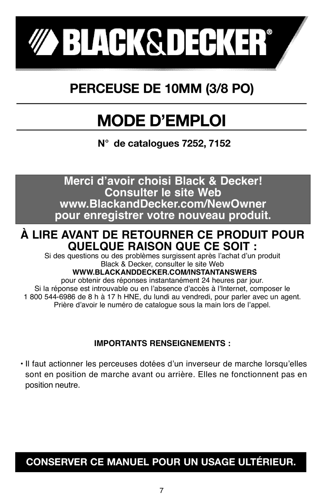 Black & Decker 7252 instruction manual Mode D’EMPLOI 