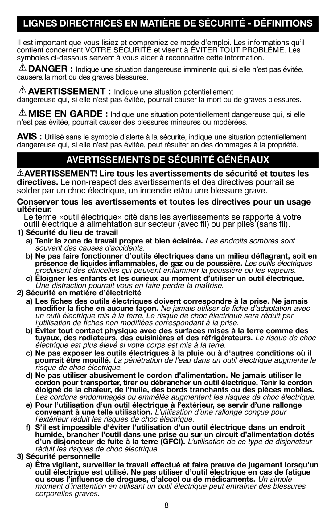 Black & Decker 7252 instruction manual Avertissements DE Sécurité Généraux, Ou de, Ésence de liqu des inflammables, de g 