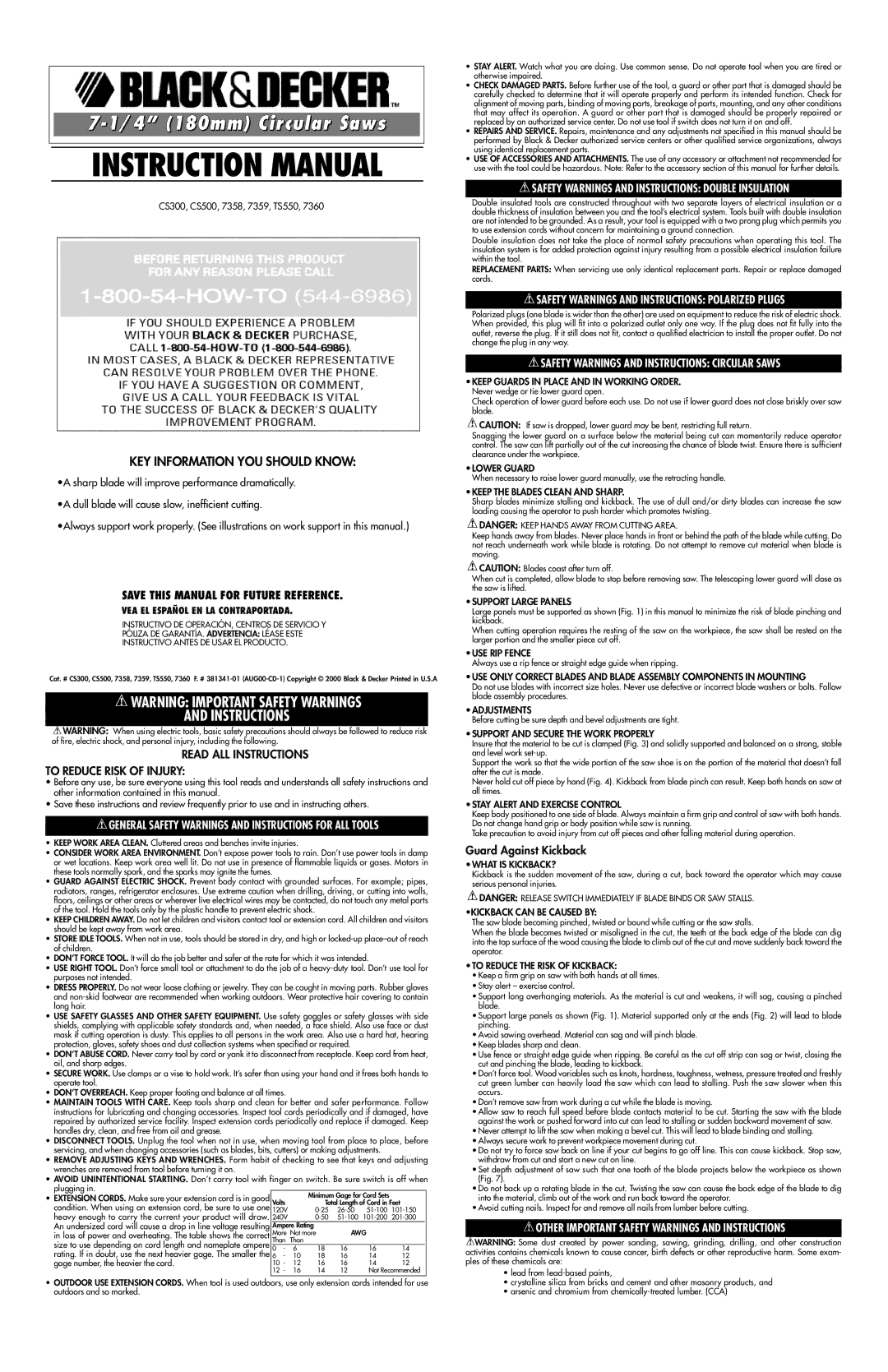 Black & Decker CS300, 7360, 7359, TS550, CS500, 381341-01 instruction manual Safety Warnings and Instructions Polarized Plugs 