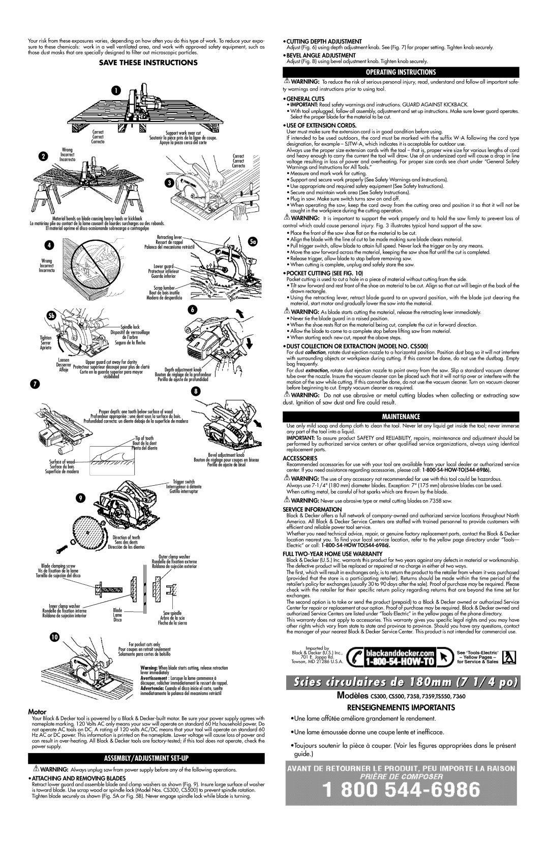 Black & Decker 7359, 7360, CS300, TS550, CS500, 7358 E R Ating Instructions, I N T E N a N C E, S E M B Ly/Adjustment Set- U P 