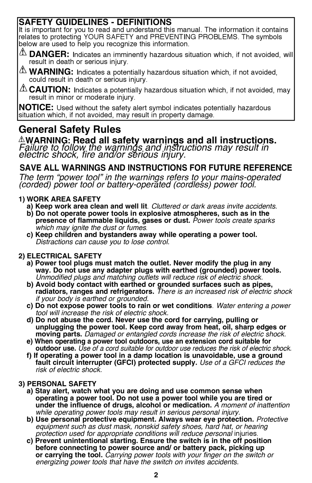 Black & Decker 7558 instruction manual General Safety Rules, Work Area Safety 