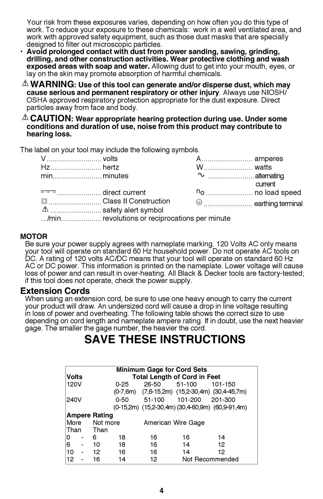 Black & Decker 7558 instruction manual Extension Cords, Motor 