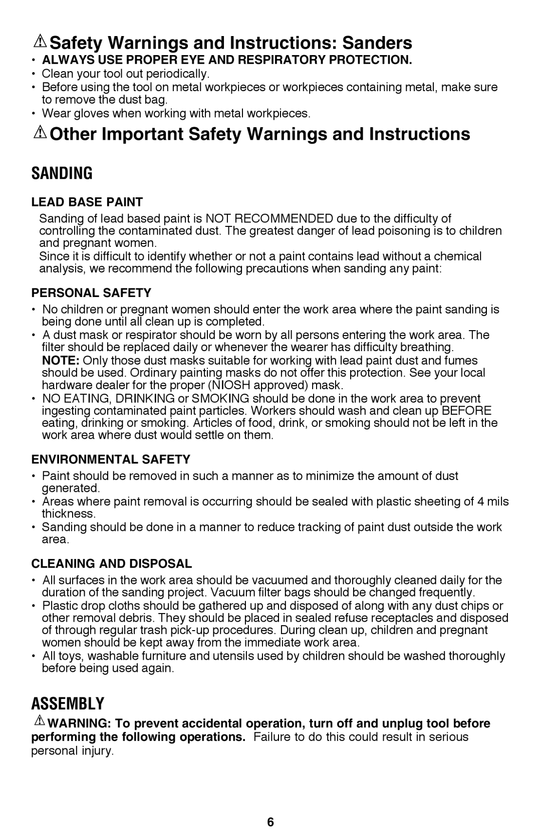 Black & Decker 7558 Safety Warnings and Instructions Sanders, Other Important Safety Warnings and Instructions, Sanding 