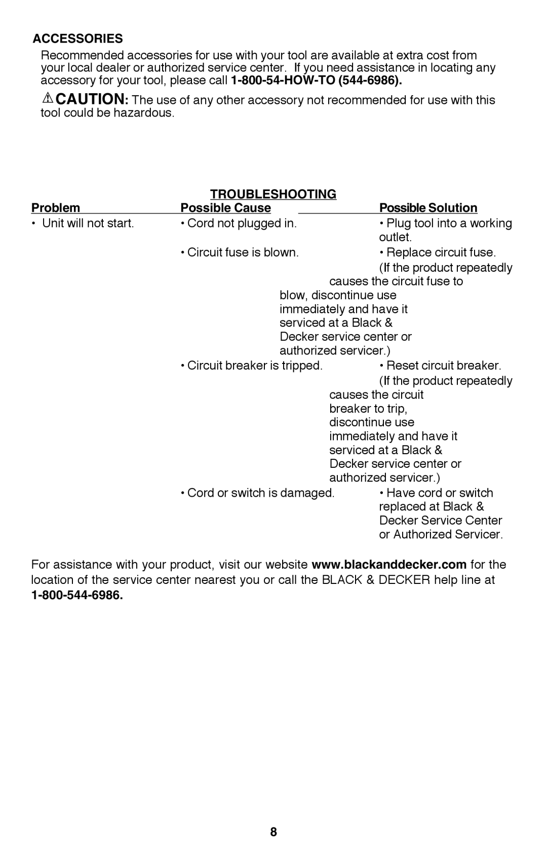 Black & Decker 7558 instruction manual Accessories, Troubleshooting Problem Possible Cause Possible Solution 