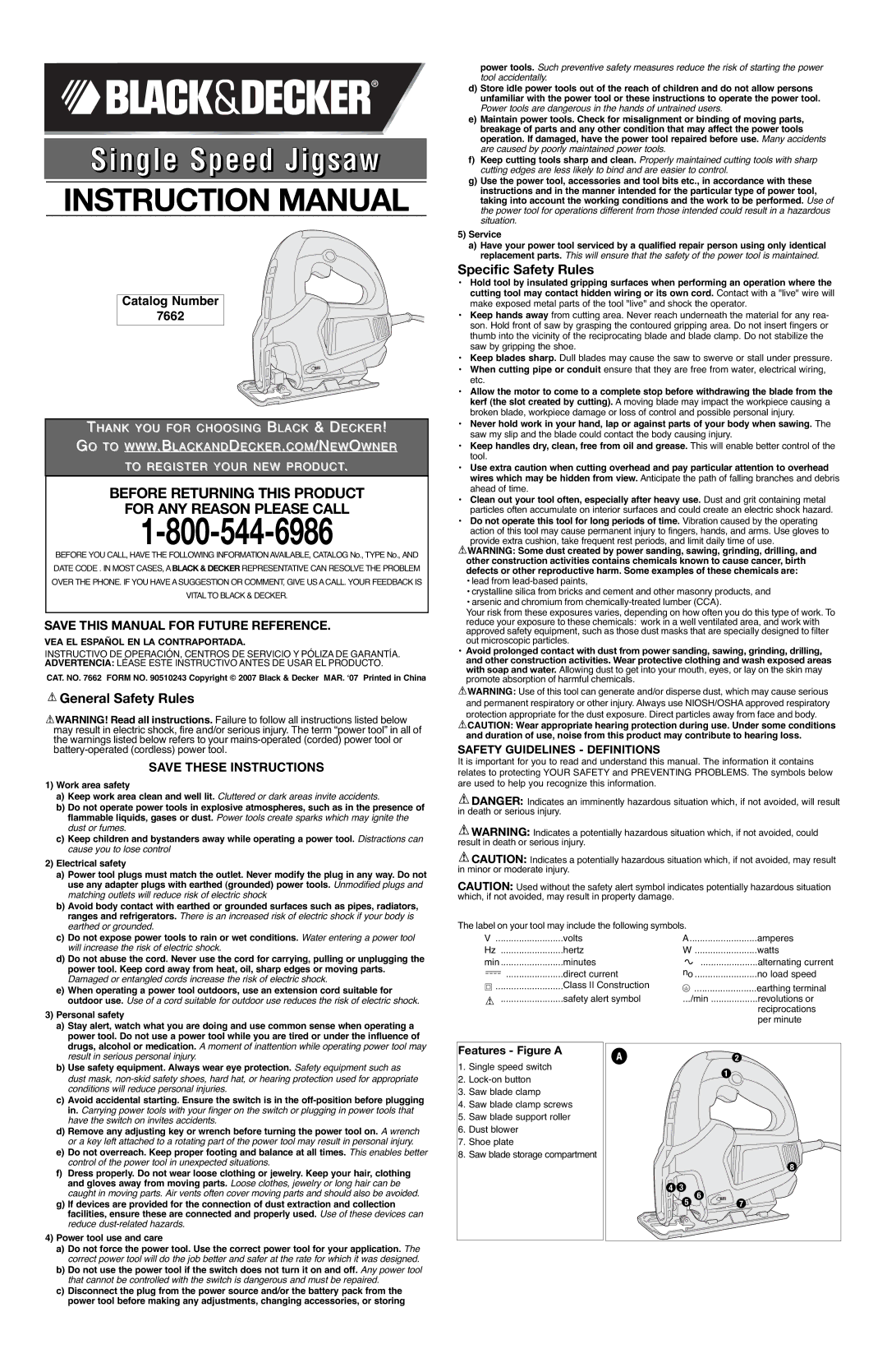 Black & Decker 7662 instruction manual General Safety Rules, Specific Safety Rules, Safety Guidelines Definitions 