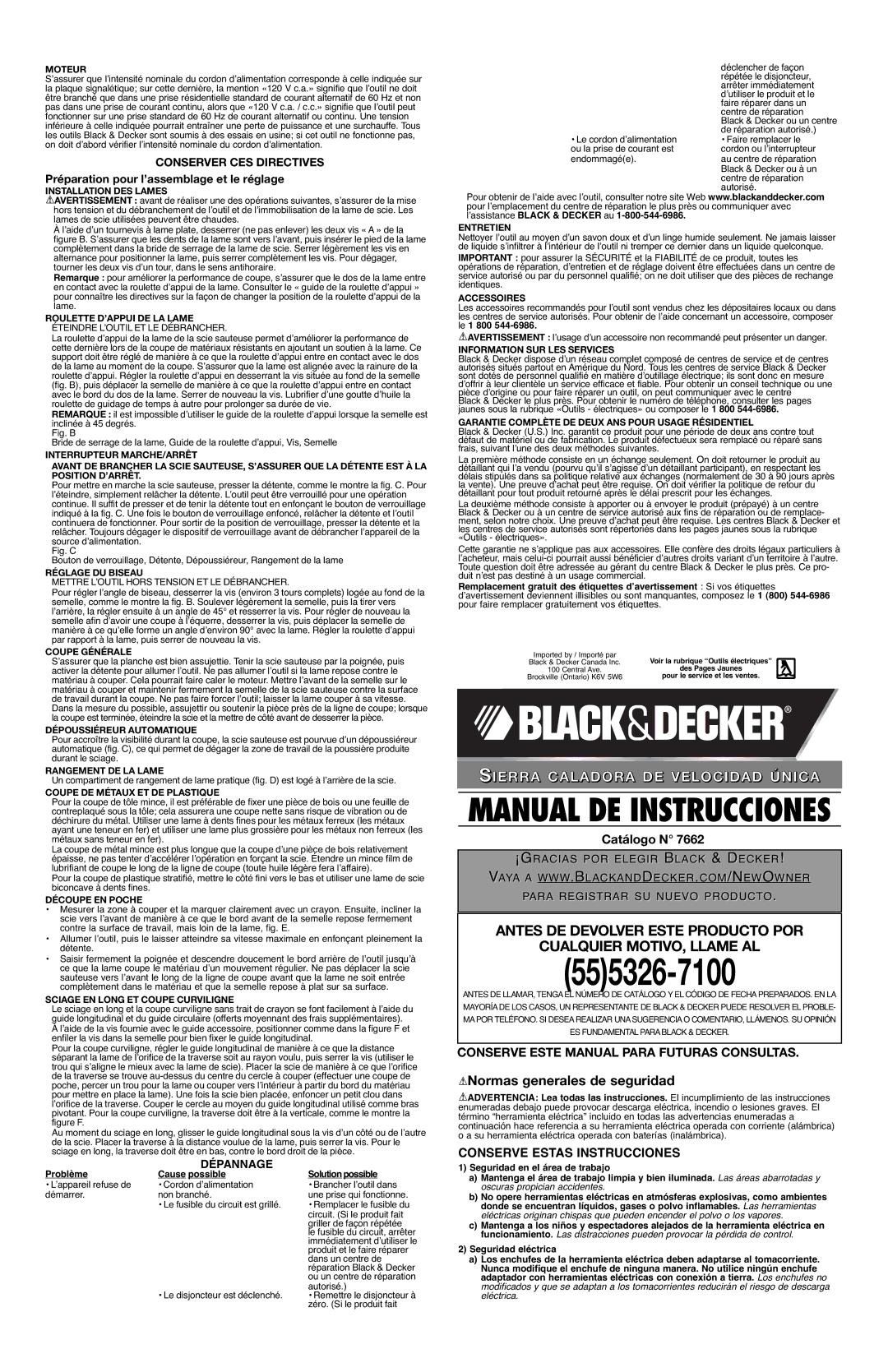 Black & Decker 7662 Normas generales de seguridad, Conserve Estas Instrucciones, Conserver CES Directives, Dépannage 