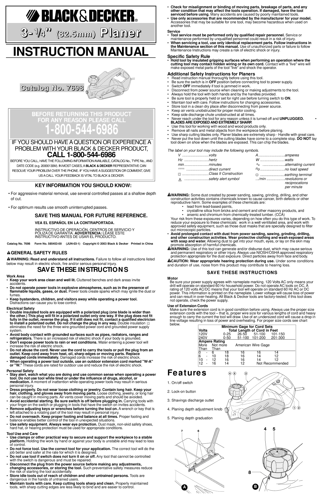 Black & Decker 7698 instruction manual Specific Safety Rule, Additional Safety Instructions for Planers, Motor 