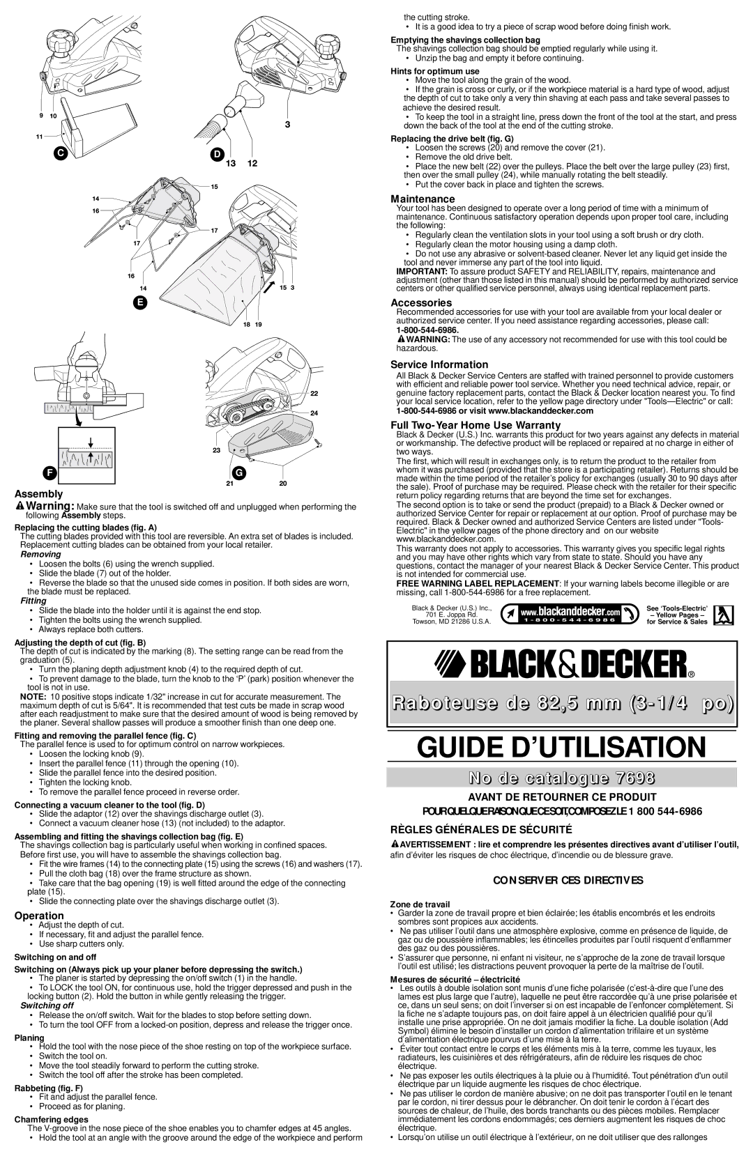 Black & Decker 7698 Assembly, Operation, Maintenance, Accessories, Service Information, Full Two-Year Home Use Warranty 