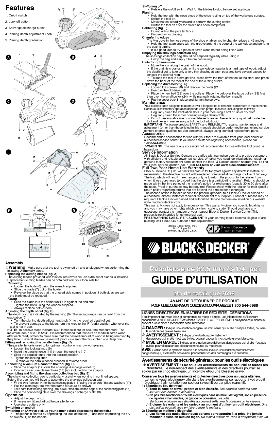 Black & Decker 7698K Maintenance, Accessories, Service Information, Full Two-Year Home Use Warranty, Assembly, Operation 