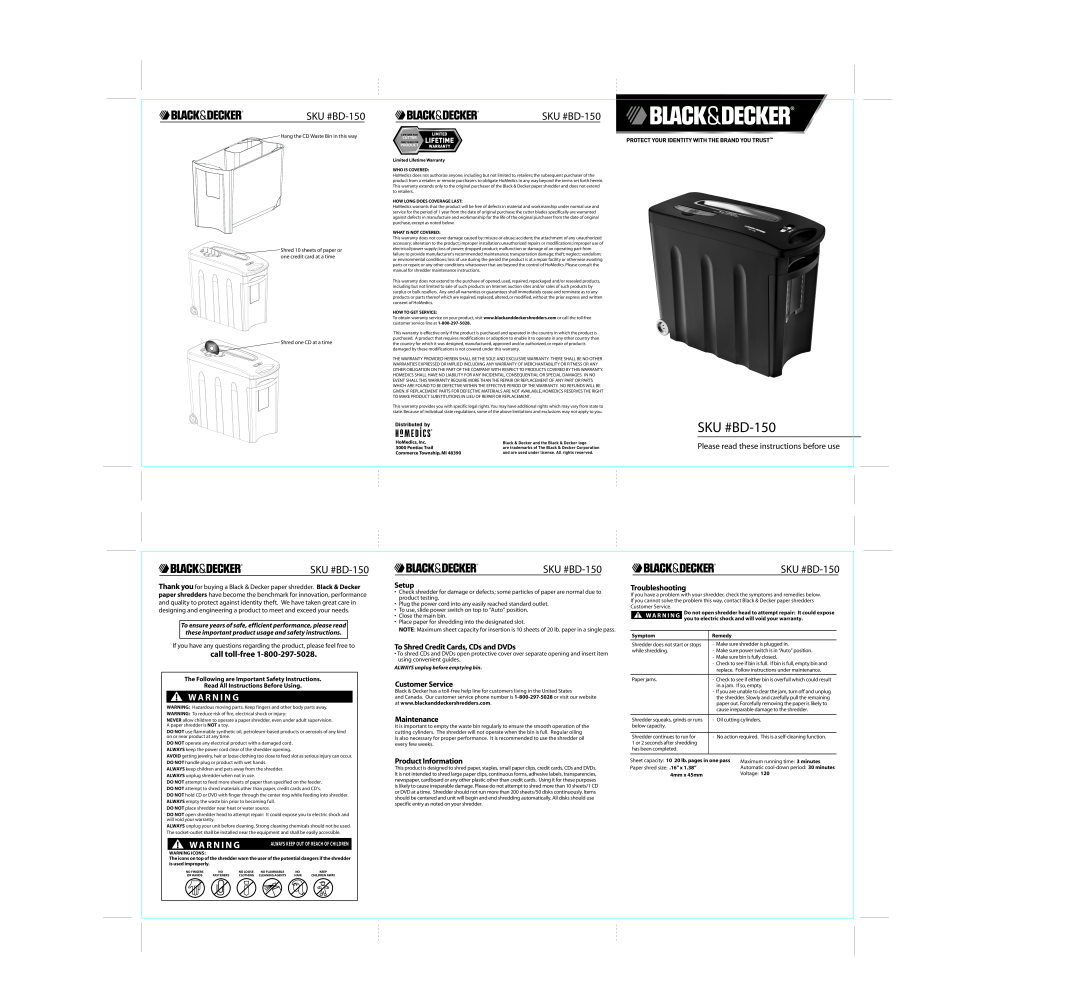 Black & Decker 8D-150 manual SKU #BD-150, W A R N I N G, Wa R N I N G, Please read these instructions before use, Setup 