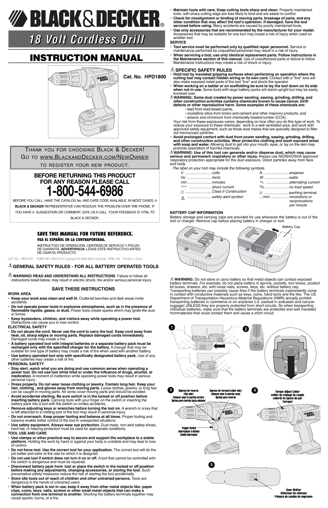 Black & Decker 90501231 instruction manual General Safety Rules for ALL Battery Operated Tools, Specific Safety Rules 