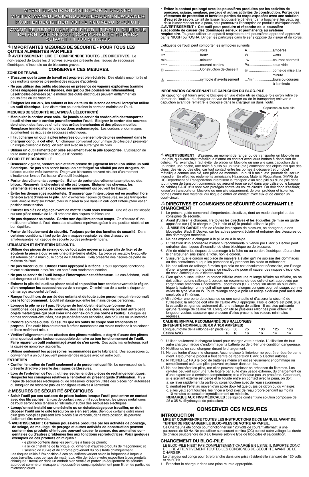 Black & Decker 90501231 Conserver CES Mesures, Suivant 1 800, Mesures DE Sécurité Spécifiques, Chargement DU BLOC-PILE 