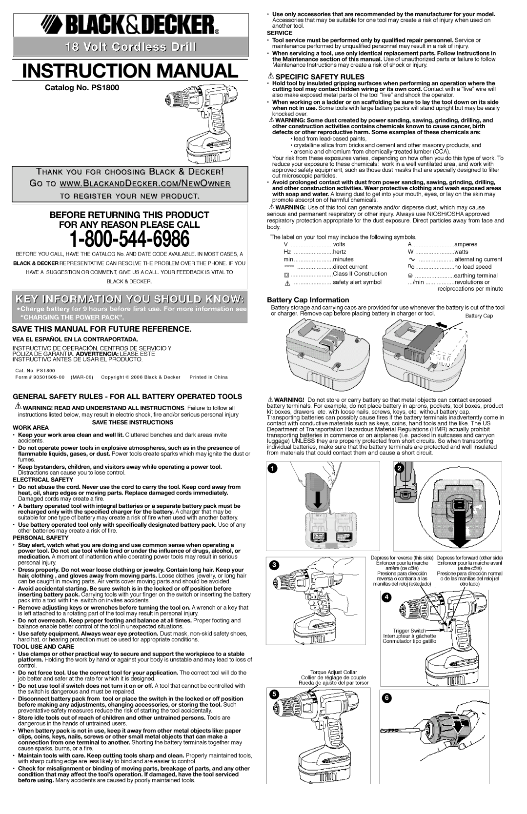 Black & Decker 90501309-00 instruction manual Specific Safety Rules, Battery Cap Information 