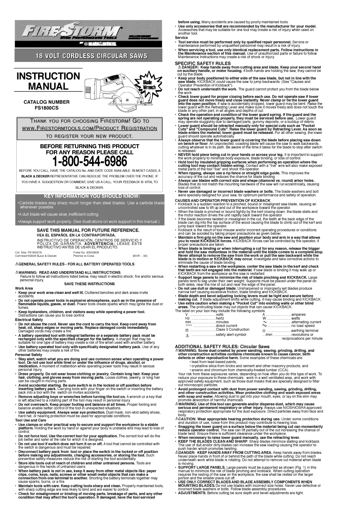 Black & Decker FS1800CS instruction manual KEY Information YOU should Know, Save this Manual for Future Reference 