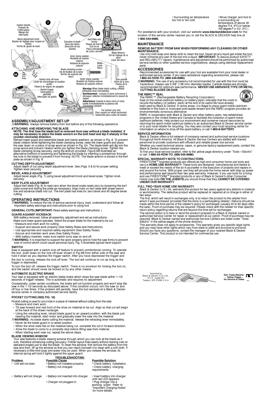 Black & Decker FS1800CS, 90503809 instruction manual Assembly/Adjustment Set-Up, Maintenance, Accessories 