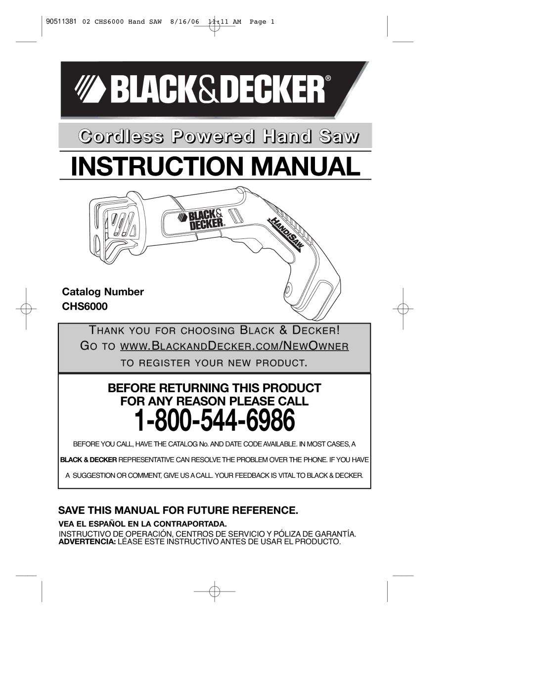 Black & Decker CHS6000 instruction manual Save this Manual for Future Reference, VEA EL Español EN LA Contraportada 