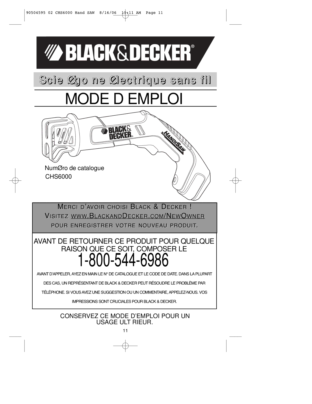 Black & Decker CHS6000, 90504595 instruction manual Mode D’EMPLOI, Conservez CE Mode Demploi Pour UN Usage Ultérieur 